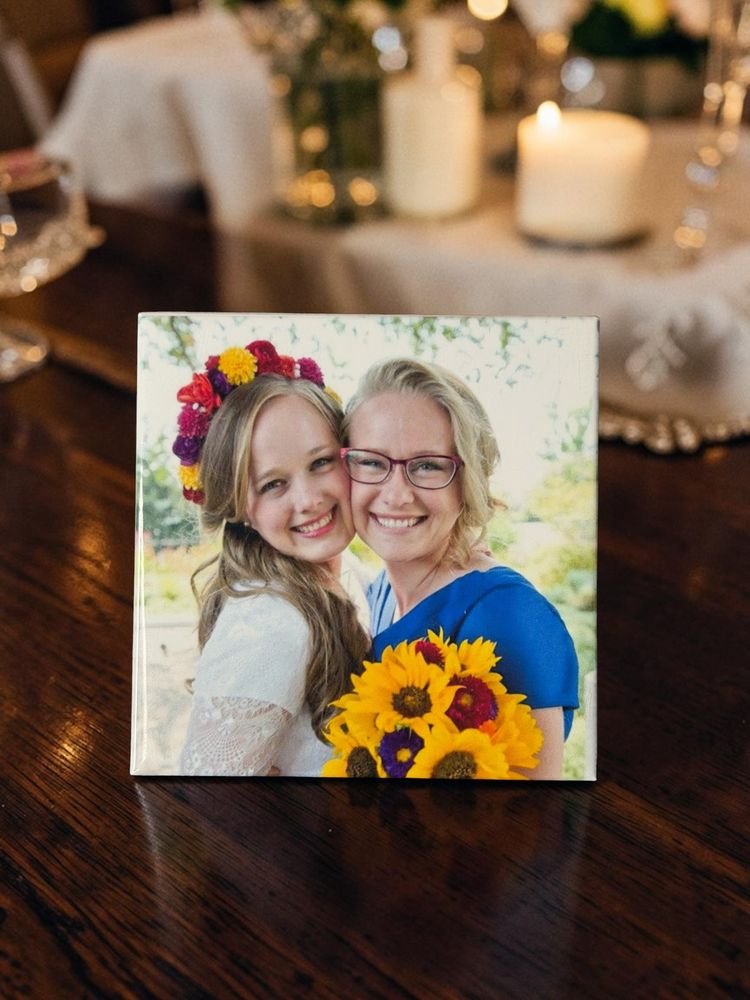 Custom photo magnet of a bride and a loved one with a sunflower bouquet