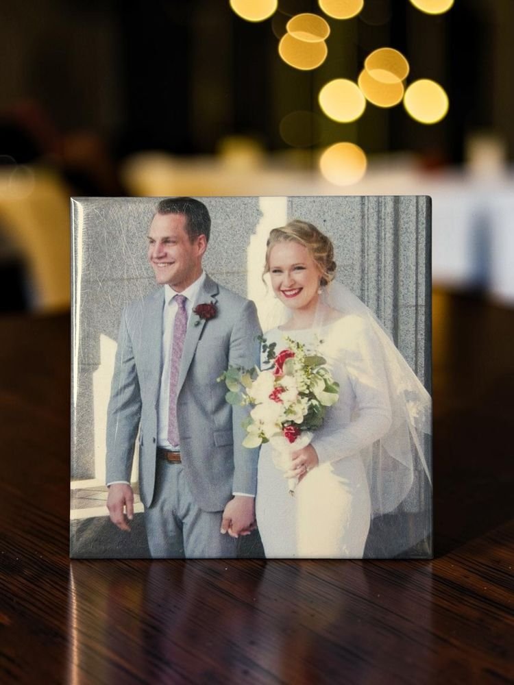 Custom wedding photo magnet of a bride and groom walking hand in hand